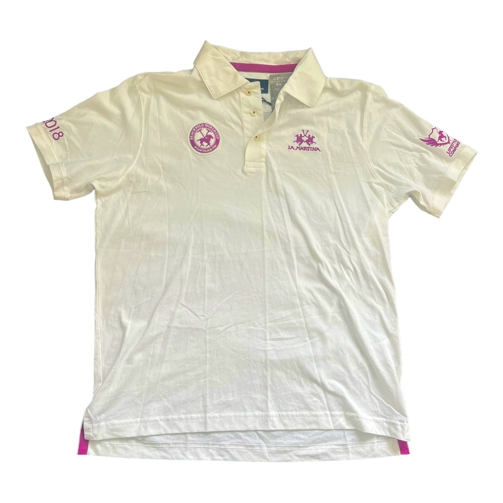 LA MARTINA Men White Purple Solid Short Sleeves Stretch Pique Polo Shirt Size XL